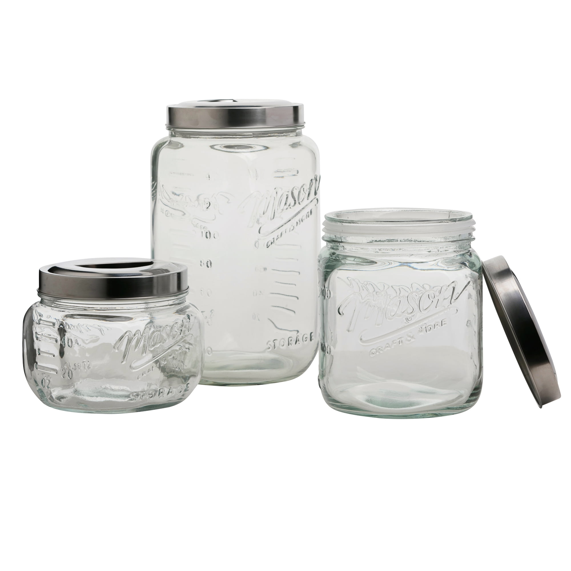 Mason Craft & More 3 Piece Square Glass Canister Set With Pop Up Lid Mason Craft & More 3 Piece Square Glass Canister Set With Pop Up Lid