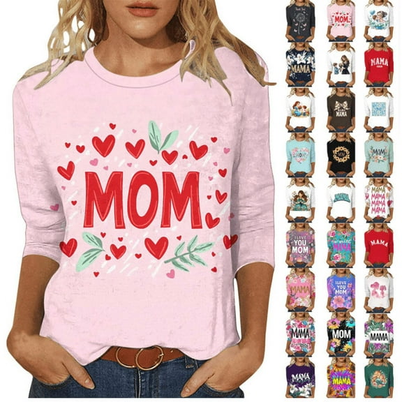 Wiyuqeen 3/4 Length Sleeve Womens Tops Happy Mother's Day Shirts Crew Neck Casual Tshirts Cute Mama Bow Graphic Shirts Gifts for Mama