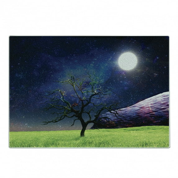 Tree Cutting Board, Moon with a Tree Full Moon Galaxy Grass Creative Fantasy Style Illustration Print, Decorative Tempered Glass Cutting and Serving Board, Small Size, Green and Navy, by Ambesonne