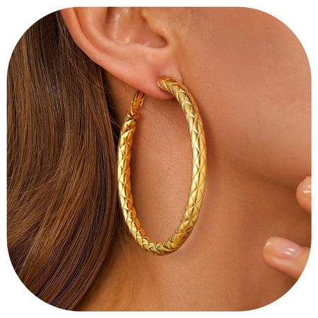 FindChic Hoop Earrings for Women Stainless Steel Rhombic Pattern Hoops 14K Gold Plated Hollow Tube Loop Earrings Birthday Christmas Jewelry Gifts Her Mom Wife Adults Ideas, 60mm
