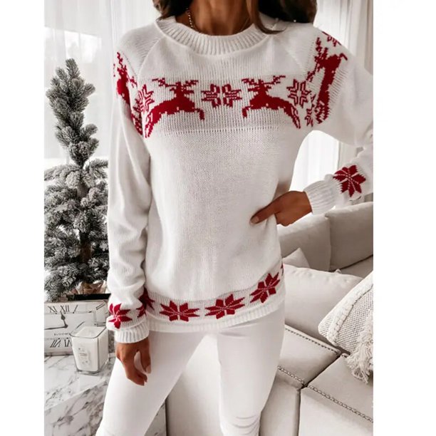 2023 New Winter Christmas Women Knitting Sweaters Deer Print Jacquard Knitwear Long Sleeve O Neck Pullover Top Oversized Clothes