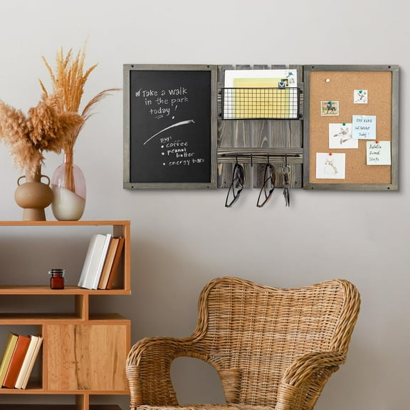 3 Panel Wall Mounted Entryway Bulletin Board Combo Set with Vintage Gray Solid Wood Frame, Chalkboard, Cork Board, Black Metal Mail Basket, and Hanging Rail