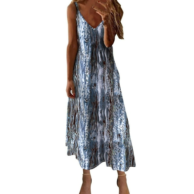 Ovzne Robes d'Été pour Femmes 2025 Robe Femmes Robes d'Été pour Femmes Imprimé Sans Manches Col Rond Robe Décontractée Robes d'Été Imprimées Liquidation