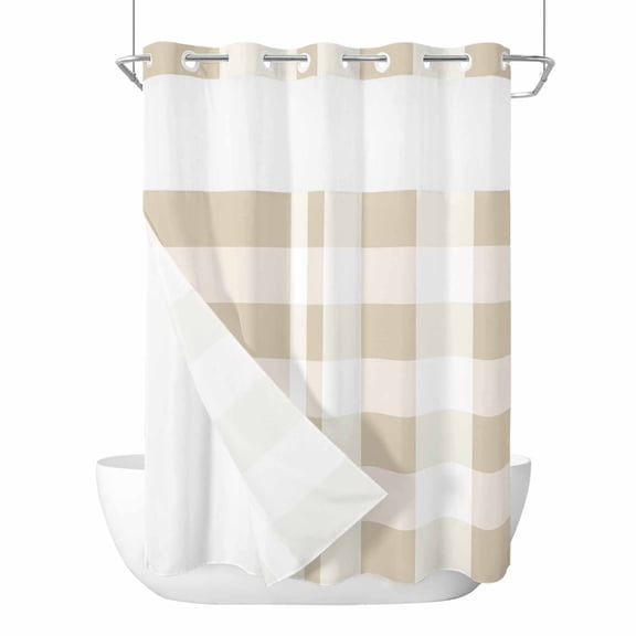 No Hook Shower Curtain, Beige Plaid Extra Long Bathtub Curtains with Snap in Liner, Spring Summer Farmhouse Buffalo Checkered Waterproof Washable Fabric Shower Curtain Set, 72"W x 96"L