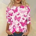 thumbnail image 2 of NAMTYQX 3/4 Length Sleeve Womens Tops Crewneck Stretch Baggy Pink Ribbon Print Beige Size 4XL, 2 of 5