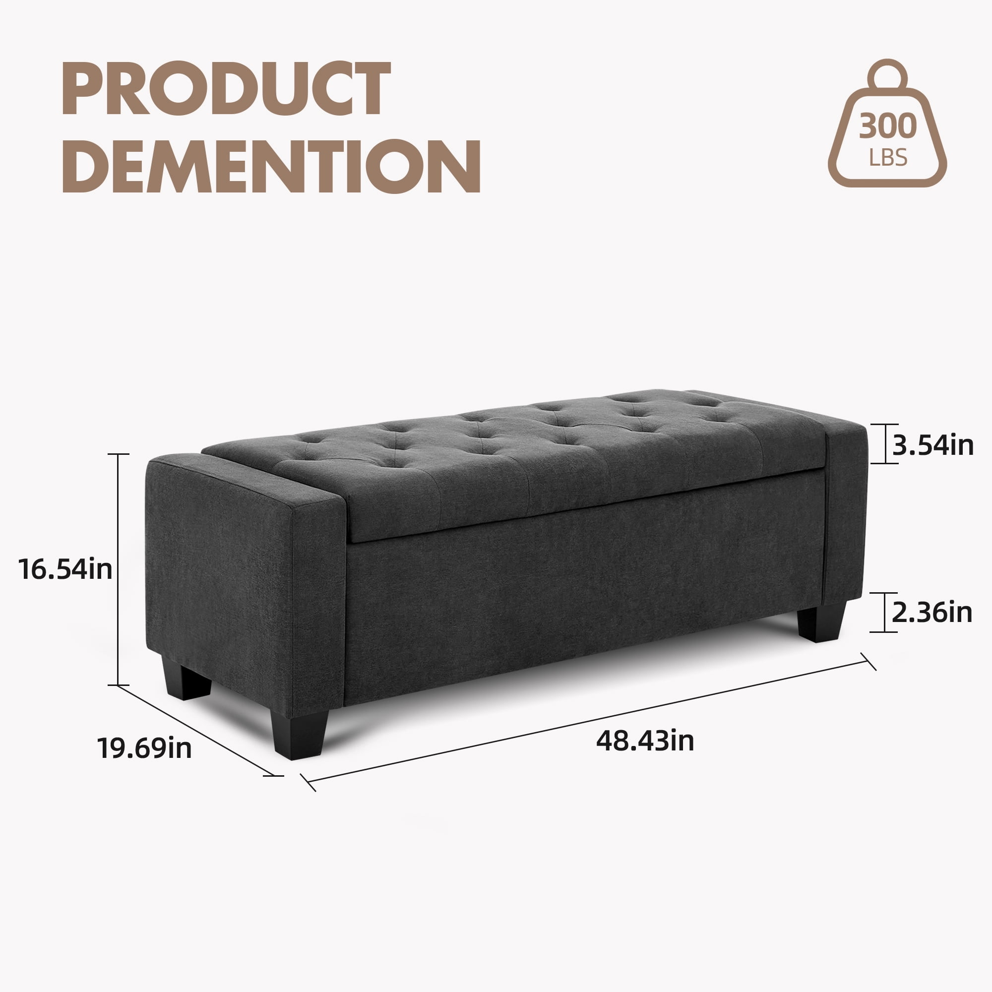 Huatean Home 48" Ottoman Storage Bench Upholstered with Safety Hinge, Dark Gray
