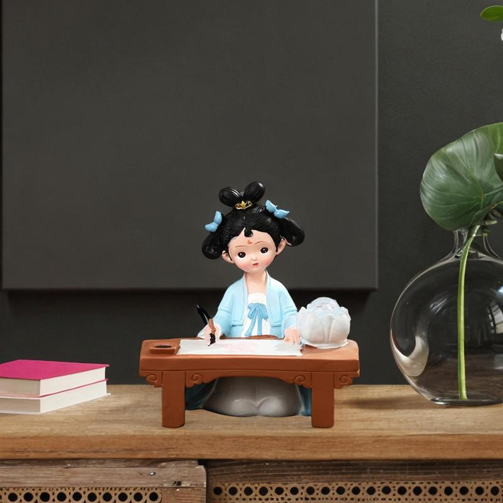 Esquirla Girl Resin Statue Figurine with Light Folk Ethnic Decoration,Miniature Traditional Chinese Ancient for Store Cabinet New Year Blue