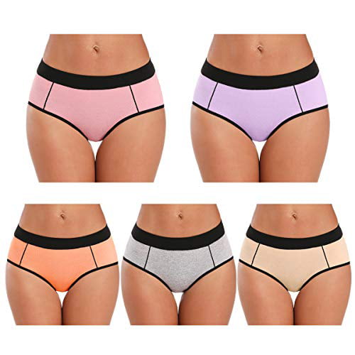POKARLA Women's Cotton Stretch Underwear Ladies Mid-high Waisted Briefs Panties 5-Pack 