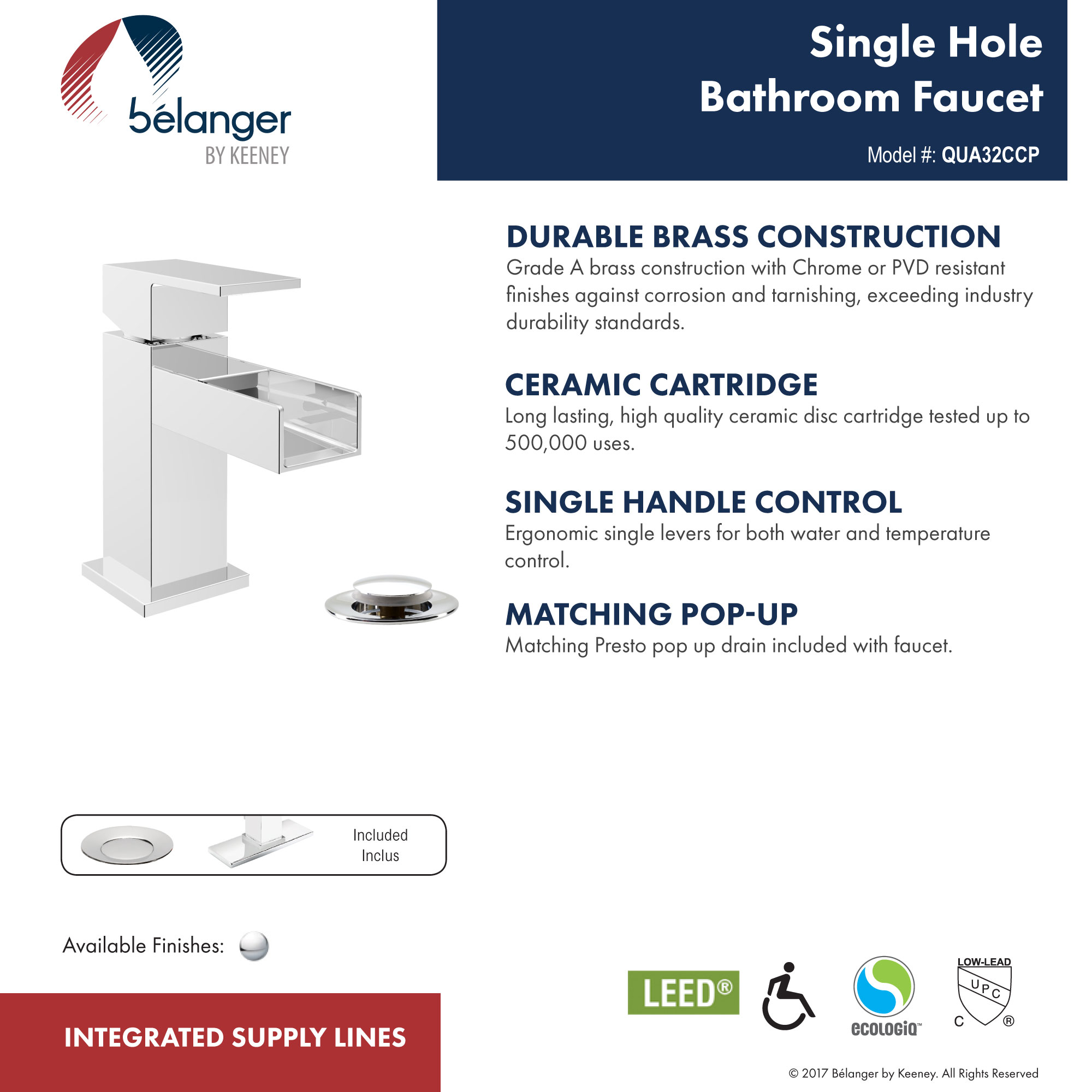 Belanger QUA32CCP Single Handle Bathroom Faucet with Drain, Polished Chrome
