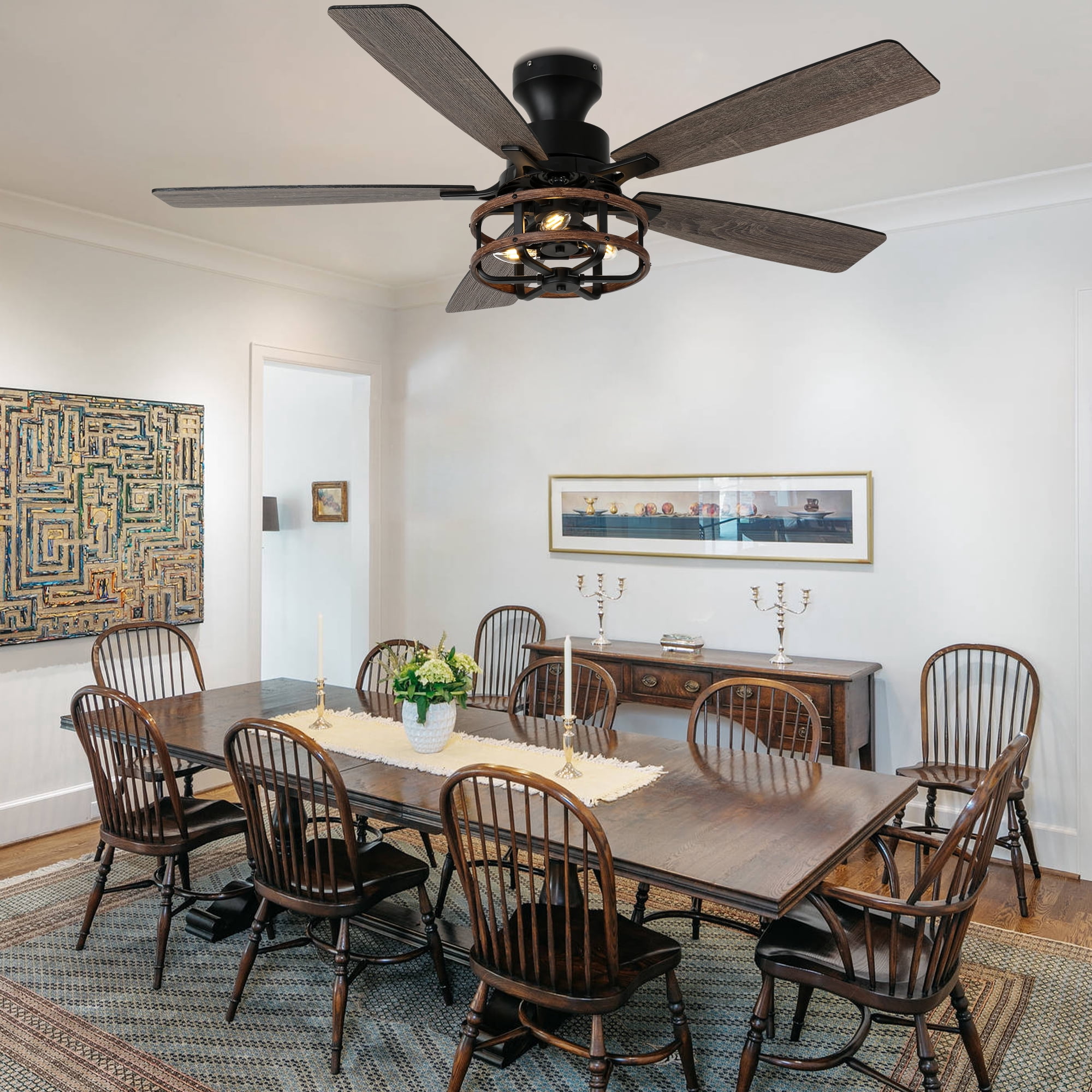 Cusp Barn 52 inch Black Farmhouse Industrial Flush Mount Ceiling Fan with Lights and Remote, 6 Speeds Low Profile Ceiling Fan