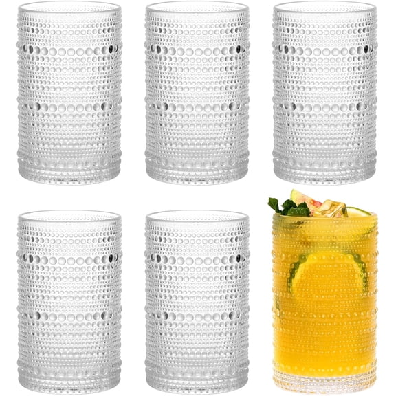 Hobnail Drinking Glasses Set of 6,12 Oz Highball Glasses Clear Embossed Boho Water Glass Cups Kitchen Bar Tumbler Glassware Set for Whiskey, Beer, Juice, Milk and Various Mixed Drinks (Clear)