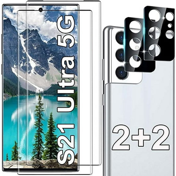 [2 2 Pack] Tempered Glass Screen Protector for Samsung Galaxy S21 Ultra 5G, Tempered Glass, Fingerprint Compatible, HD Clear, Case Friendly With Camera Lens Protector for Galaxy S21 Ultra 5G