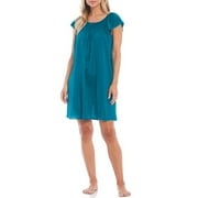 Miss Elaine Short Tricot Nightgown - Round Neckline, Embroidered Trim, Flutter Sleeves, Womens Sleepwear & Loungewear Large, Teal