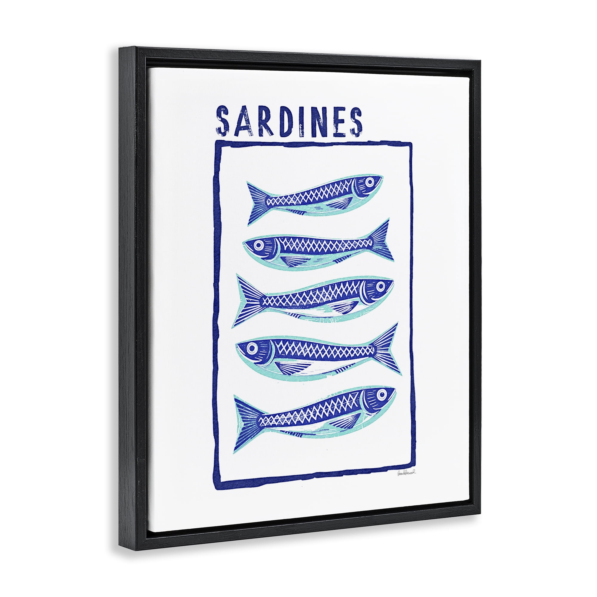 Stupell Industries Blocked Sardines Pattern Black Framed Floater Canvas Wall Art, design by Amanda Greenwood