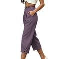 thumbnail image 5 of Women's Capri Suit Trousers High Waist Pleated Cropped Wide Leg Dress Pants with Pockets Business Casual office Work Cropped Pants Purple, 5 of 6
