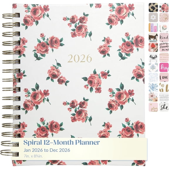 2026 Planner Weekly and Monthly - 7'' .75'' Hard Cover January December Spiral Daily Planner 2026 , Size 7X8.75, Red Roses