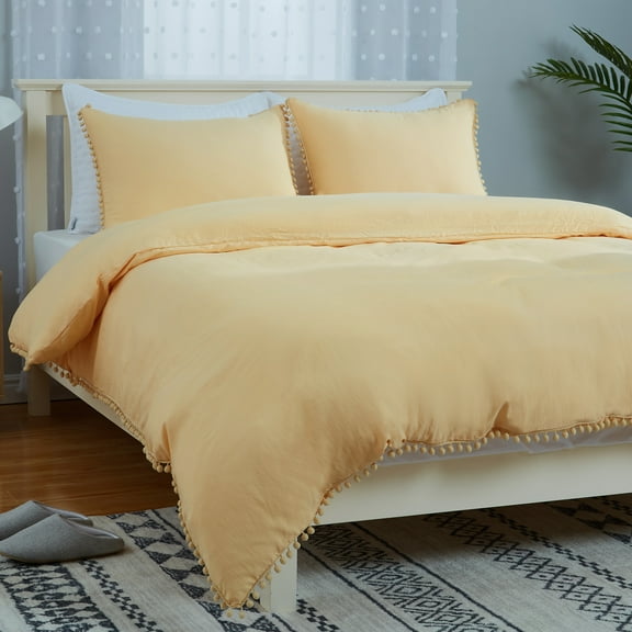 Pom Pom Duvet Cover, 3 Pcs Soft Washed Microfiber Quilt Cover with Zipper Closure