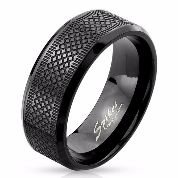 Lanyjewelry Men's Diamond Grooved Black IP 316 Stainless Steel Wedding Band Ring - Size 11