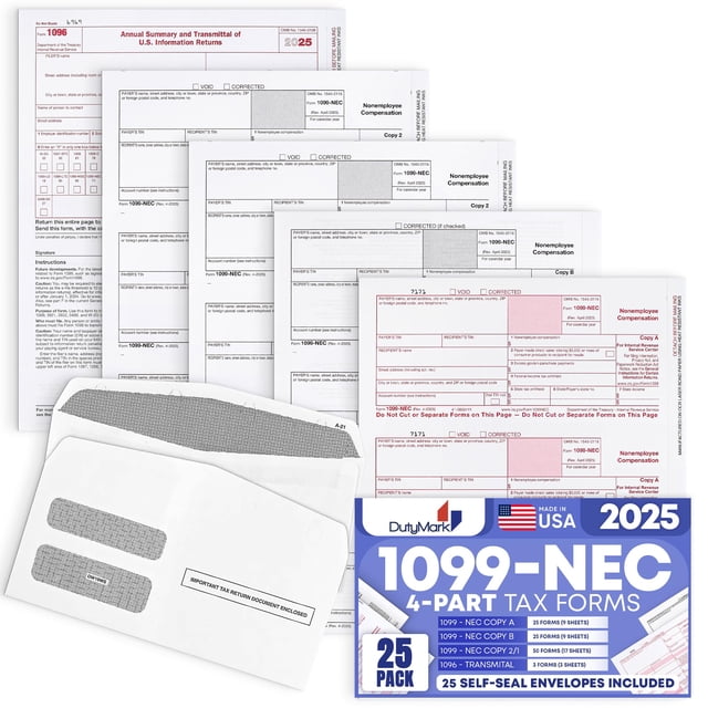 Formularios tributarios Dutymark 1099 NEC 2025 para 25 destinatarios con sobres