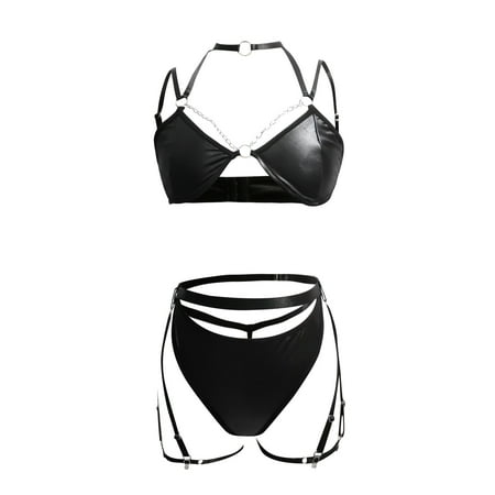 Midwennn Women Fashion Lingerie 3pack PU Leather Harness Lingerie Nightgown With Chain Linked Hand Ring Strap Lingerie for Women plus