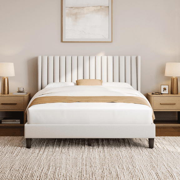 Renwick Queen Upholstered Platform Bed Frame with Channel Tufted Headboard, Ivory