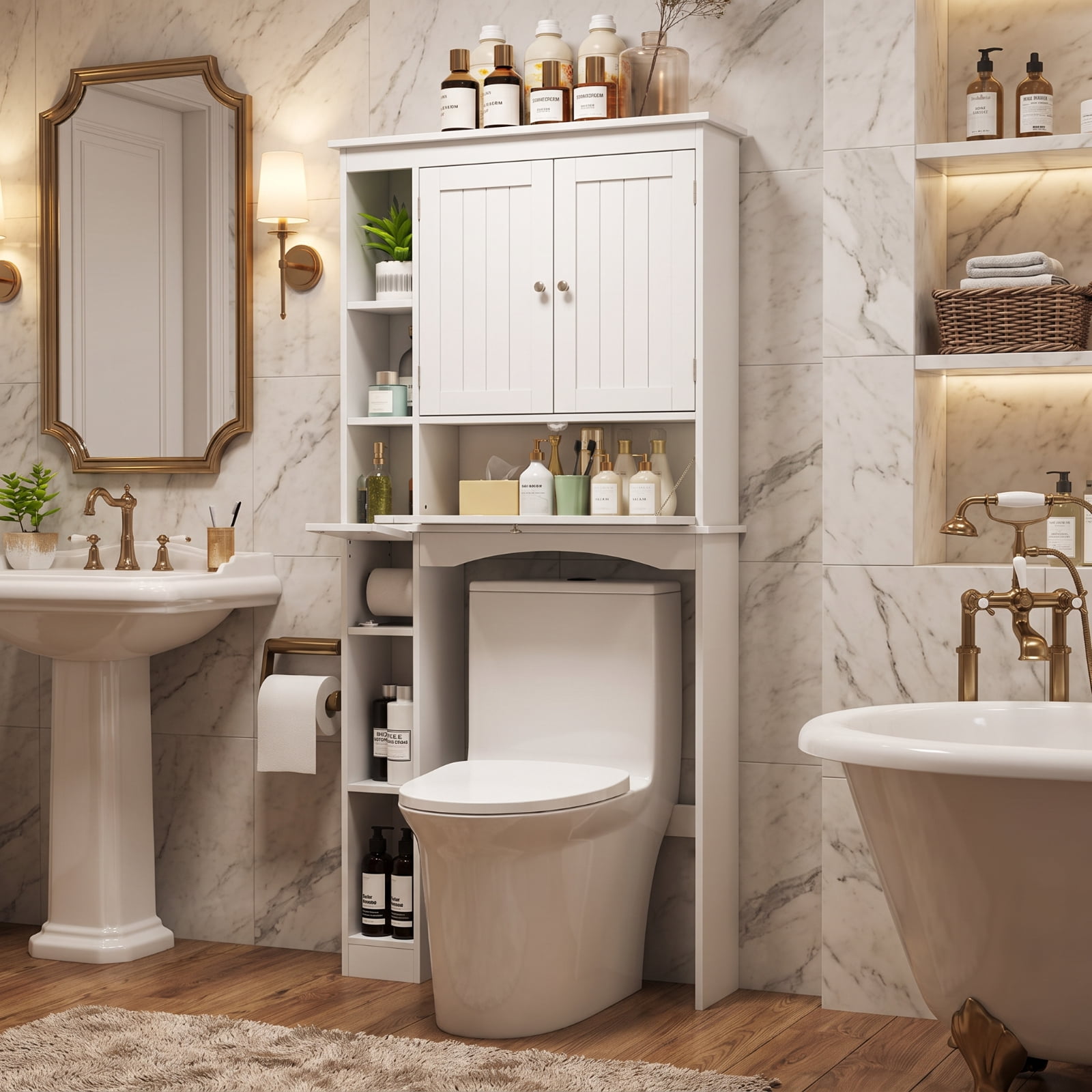 Vebreda Over the Toilet Storage Cabinet with Adjustable Shelf and Bottom Bar and Tissue Box for Bathroom Space Saving Organizer, White