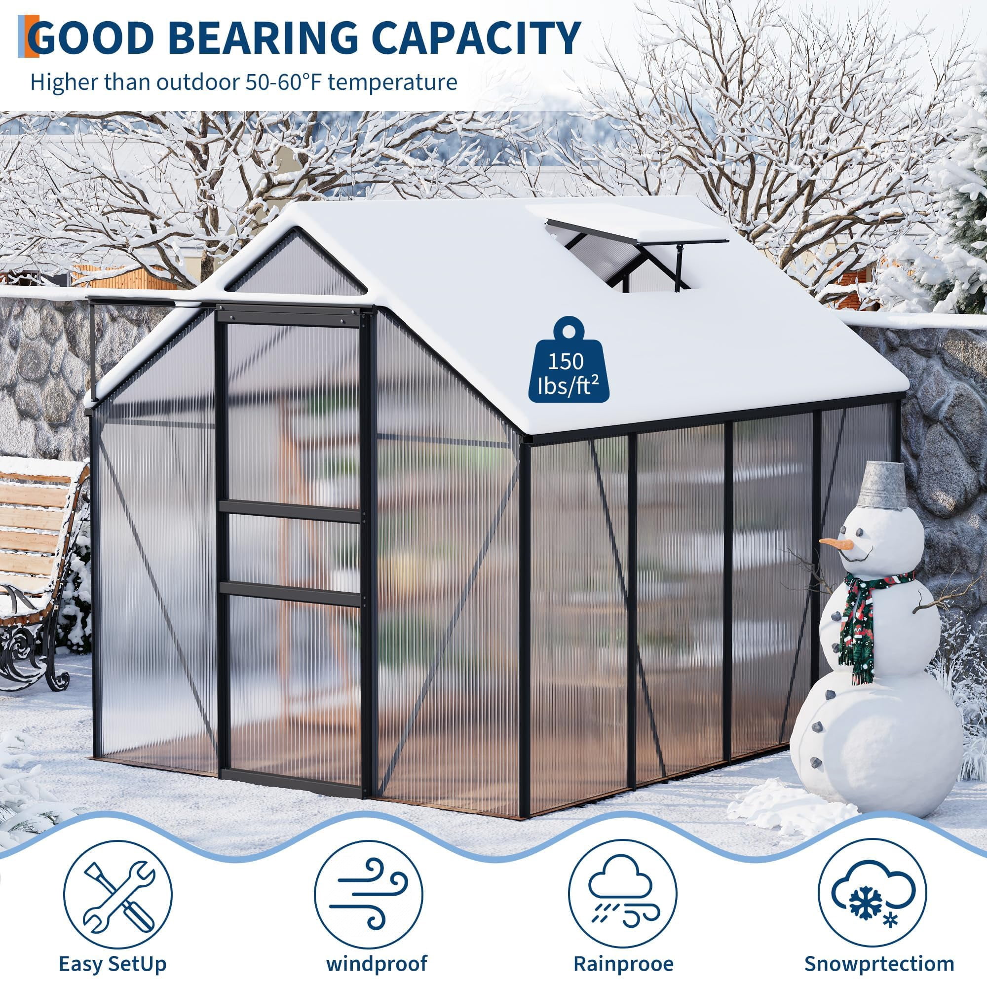 6 x 8 FT Polycarbonate Greenhouse with Aluminum Frame, Sliding Door & Adjustable Roof Vent, Heavy-Duty Outdoor Greenhouse for Backyard, Garden, Patio