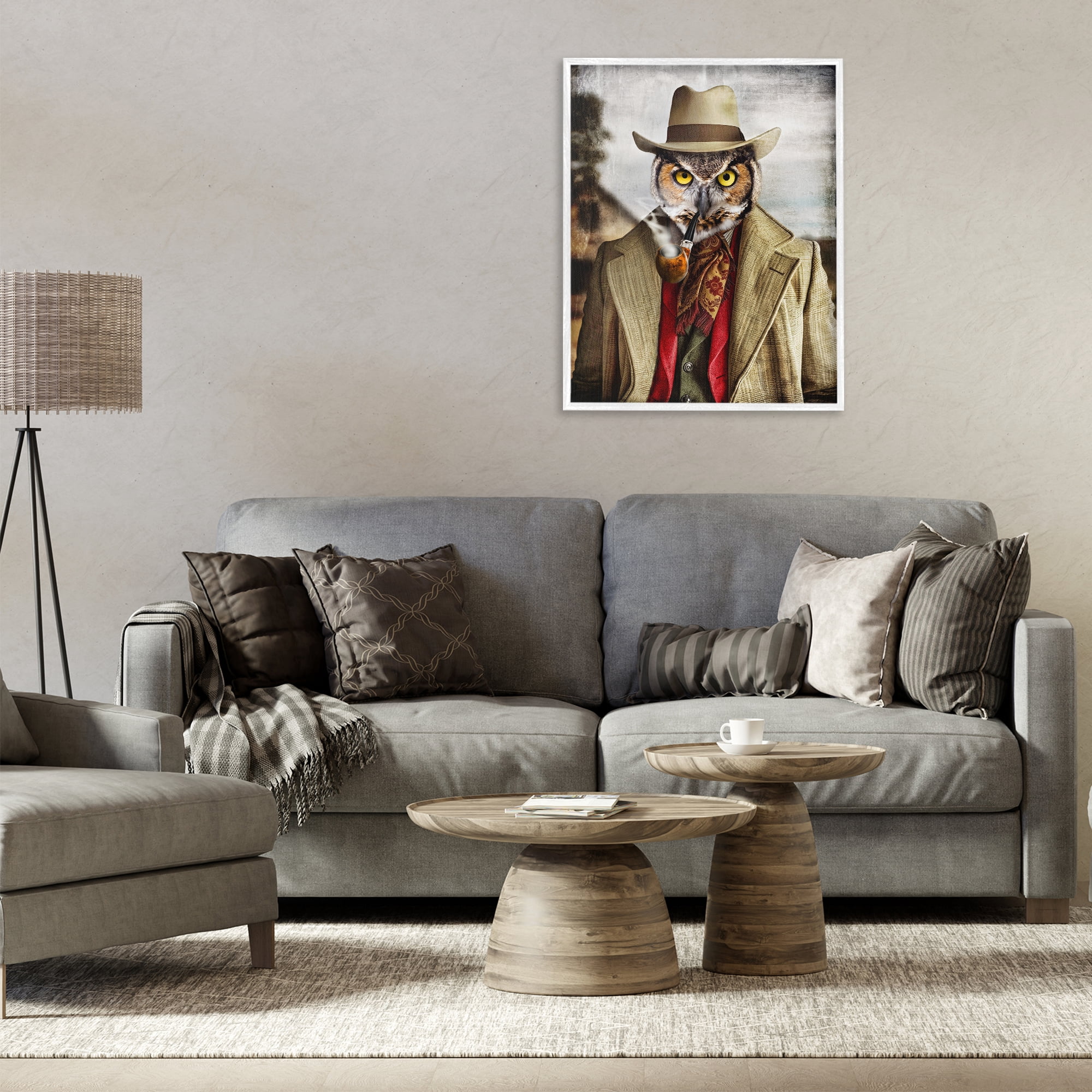 Stupell Industries Owl with Classic Pipe Animals & Insects Painting White Framed Art Print Wall Art, 24 x 30