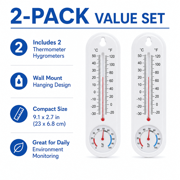 CANTAPVA Analog Thermometer Hygrometer, Wall Mount Temperature & Humidity Gauge for Home, Indoor/Outdoor Use (2 Pack)