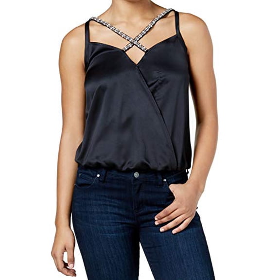 XOXO Juniors' Embellished Strappy Surplice Top (Black, XS)