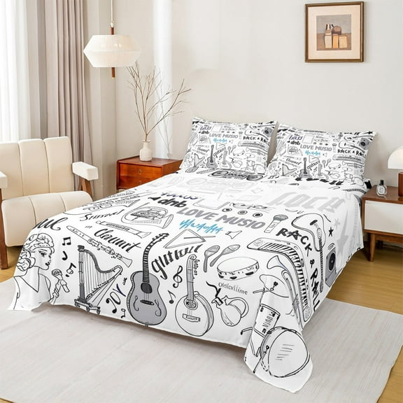 Feelyou Love Music Twin Sheet Sets, White Black Twin Fitted Sheet, Guitar Piano Drum Flat Sheet, Super Cozy Room Decoration, 3-Piece