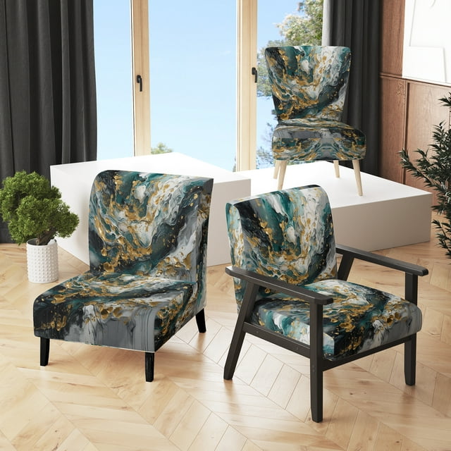 Designart "Ink On Stone Gold Teal Elegance" Gold Abstract Upholstered Accent Chair - Modern Arm Chair For Living Room