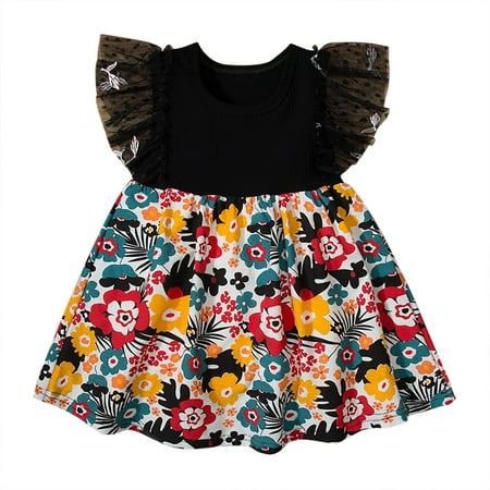 

HBYJLZYG Sleeveless Dress For Girls Toddler Baby Lace Flutter Sleeve Flower Print Summer Cute Comfortable Net Yarn Dress 3-18 Months