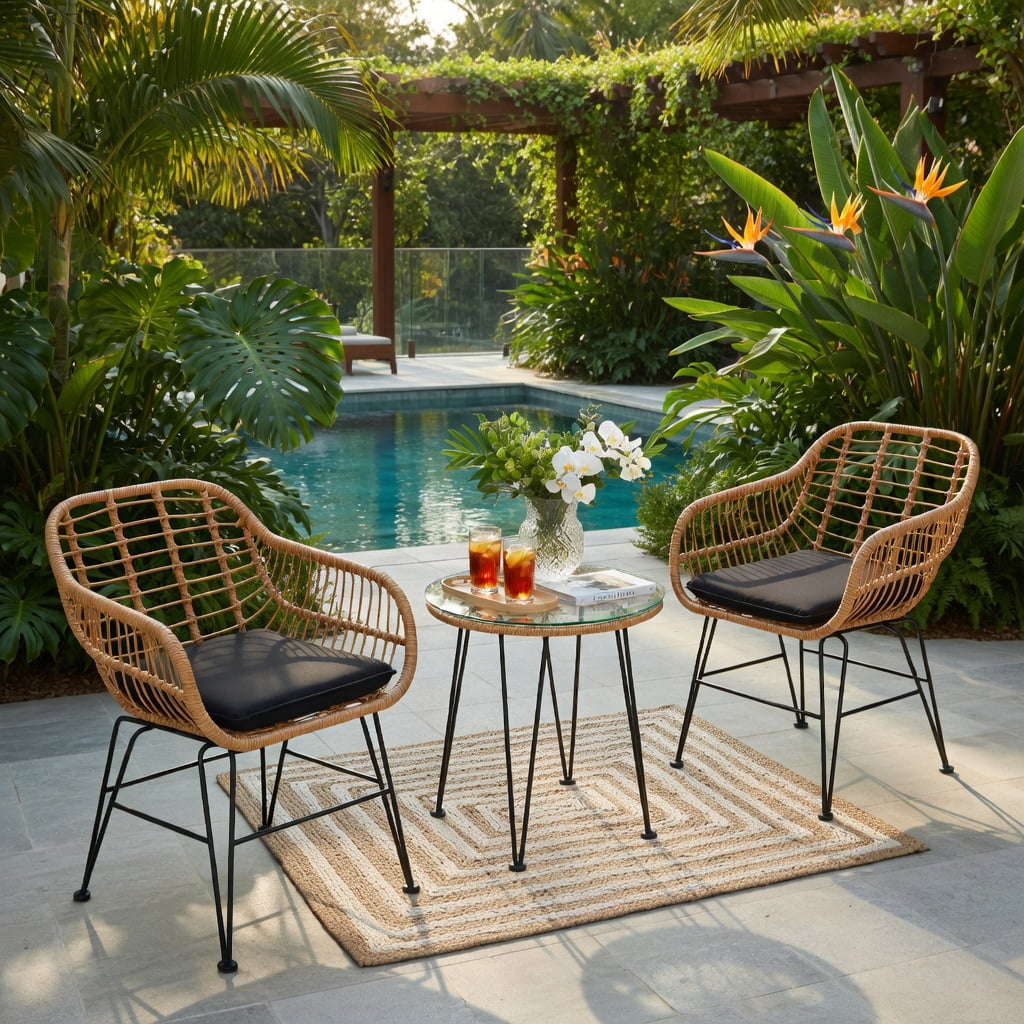 Hommoo 3-Piece Outdoor Rattan Furniture Set, 2 Armchairs + Coffee Table with Removable Cushions, Tempered Glass Top, Weather-Resistant Wicker & Steel Frame, Black