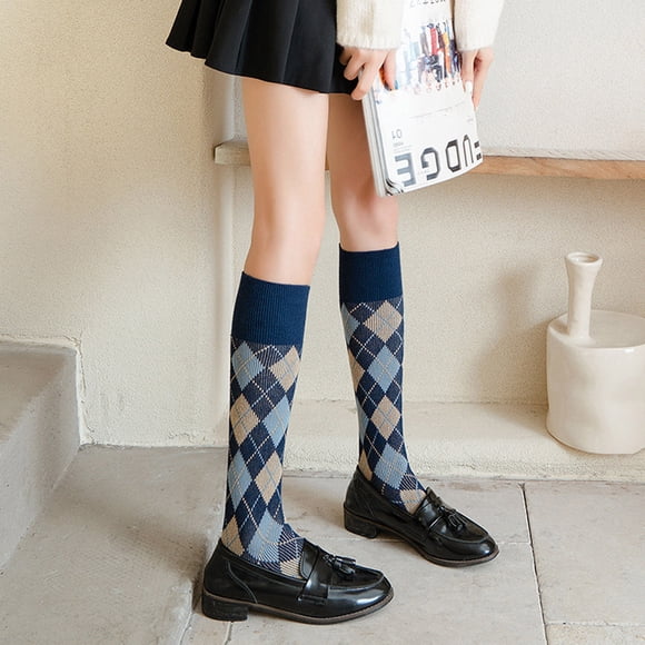 Chaussettes Femme en Pur Coton Automne et Hiver Bas Chauds en Forme de Losange Bas Longueur Genou Bas Bas de compression Bleu