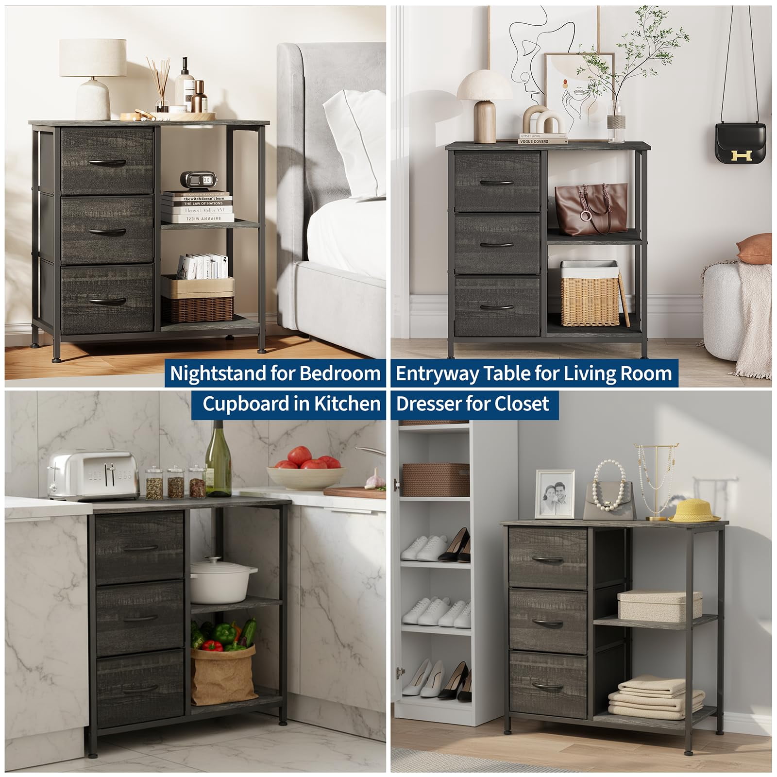 Modern Fabric 3 Drawer File Cabinet, Printer Stand with 2 Open Storage Shelves, Under Desk Home Office Organizer for Home Office Storage Solution