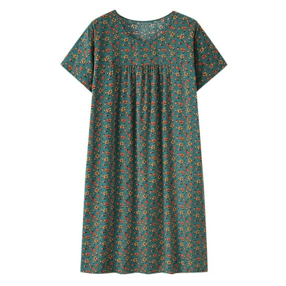 XIAOCHA Womens Floral Cotton Dress Loose Short Sleeve Round Neck Shift Dress Breathable Casual Daily Dresses