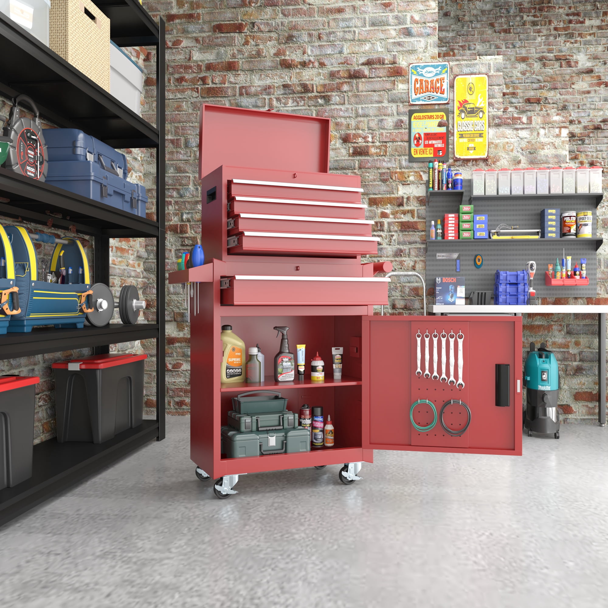 MUCHANT 5-Drawer Rolling Tool Chest, 2-in-1 Tool Box& Cabinet with Wheels, Drawers and Removable Top Tool Box for Garage, Warehouse, Workshop, Repair Shop, Red