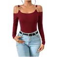 thumbnail image 2 of AXXD Red Basic Business Casual Tops for Women Summer 2024 Ladies Cold Shoulder Solid Color Long Sleeve Short Shirt Blouse Tops, 2 of 3