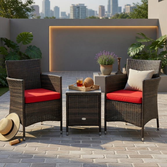 Hommoo 3-Piece Outdoor Wicker Patio Furniture Set with Cushioned Chairs & Tempered Glass Coffee Table, Red