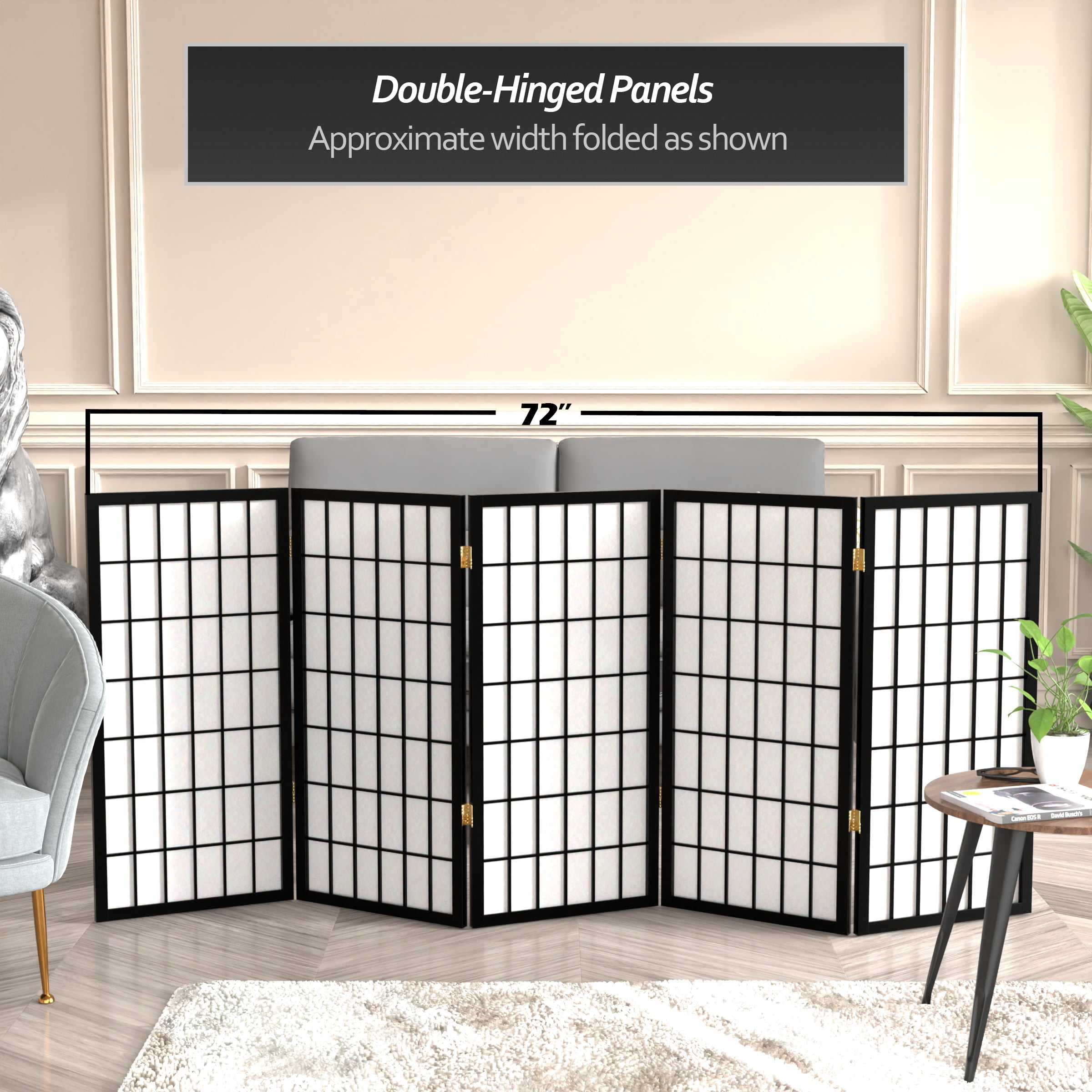 3 ft. Tall Classic Japanese Window Pane Lattice Privacy Screen - Black - 5 Panels
