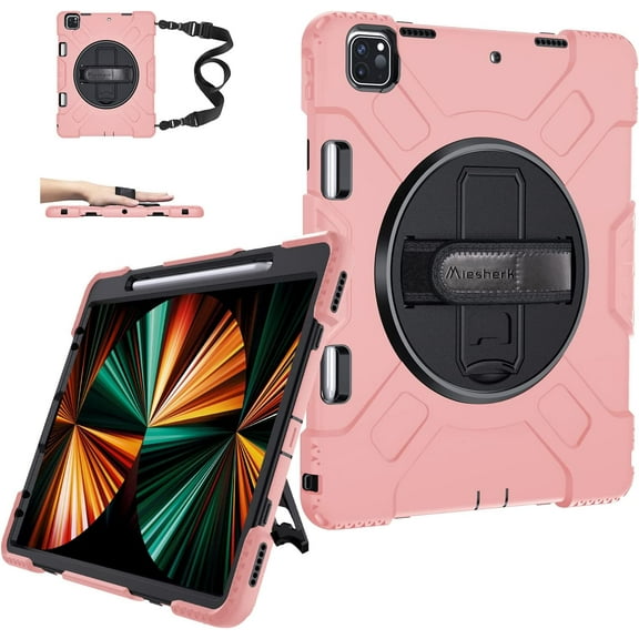 Case for iPad Pro 12.9 2021 5th Generation: Military Grade Heavy Duty Shockproof Silicone Protective Cover for iPad 12.9 Inch 2020 & 2018 w/ Pencil Holder - Stand - Handle - Shoulder Strap- Rose Gold