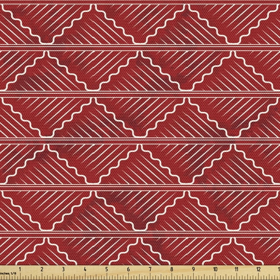 Traditional Upholstery Fabric by the Yard, Japanese Ethnic Geometric Monotone Vintage Oriental Curved Leafage Pattern, Decorative Fabric for DIY and Home Accents, Vermilion White by Ambesonne
