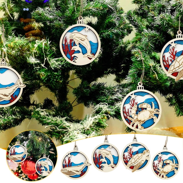Juego de Cuatro Colgantes de Animales Marinos Xihbxyly para Árbol de Navidad de Madera