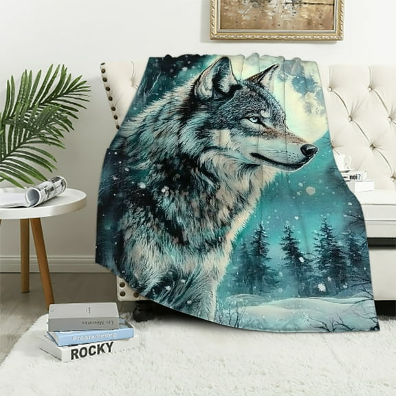 Autua Wildlife Wolf Fleece Blanket Jungle Wild Animal Sherpa Blanket Woodland Wolf Throw Blanket for Kids Boys Girls Bed,Winter Snow Mountain Pine Trees Flannel Blanket 40x50in