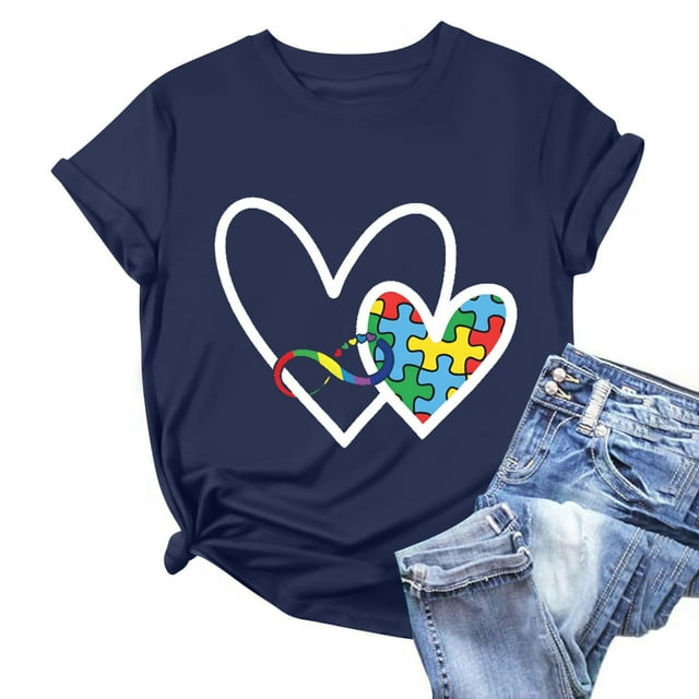 Aqestyerly T-Shirt de Sensibilisation à l'Autisme pour Femmes Manches Courtes Décontractées Haut d'Été Col Rond Graphique
