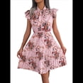 thumbnail image 2 of Vestido Plisado Floral Hasta la Rodilla para Mujer, para Vacaciones, Cuello Redondo, Sin Mangas, Cintura Alta, Ajustado, Rosa, Talla M, 2 of 9