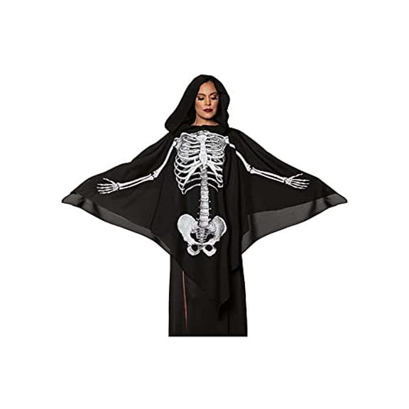 UNDERWRAPS Women's Skeleton Printed Poncho - Halloween Costume Accessory with Attached Hood Black, Cosplay Dress Up, Halloween Outfits for Men & women