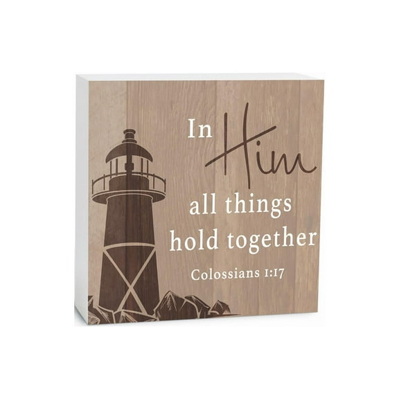 All Things Hold Together Brown Lighthouse 5 x 5 Wood Tabletop Sign Plaque