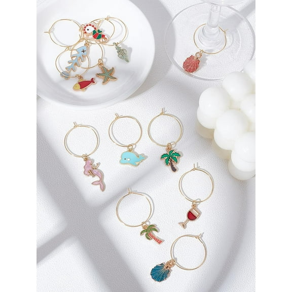 12Pcs Alloy Enamel Wine Glass Charms Mixed Shapes Wine Glass Decoration Brass Drink Markers Charms Ring for Weddings Bar Parties Events Tasting Favors Decorations 45~65mm